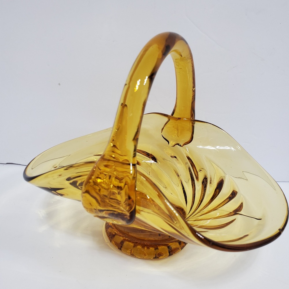 Vintage Amber Glass Swirl Basket Decor Amber  Hand Blown Art Glass